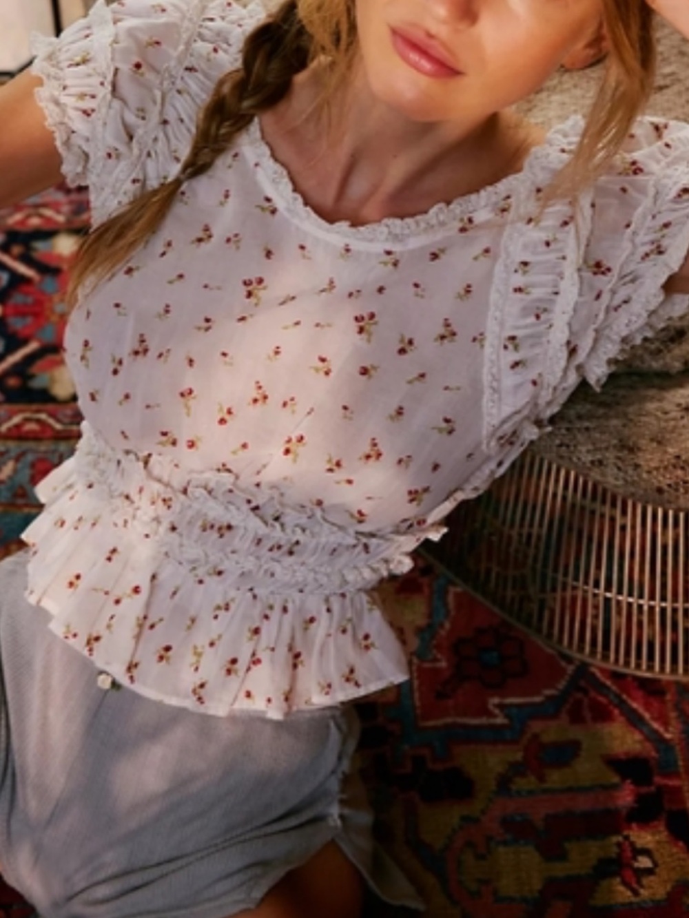 Free People Cream Floral Lace Smocked Top with Red Accent